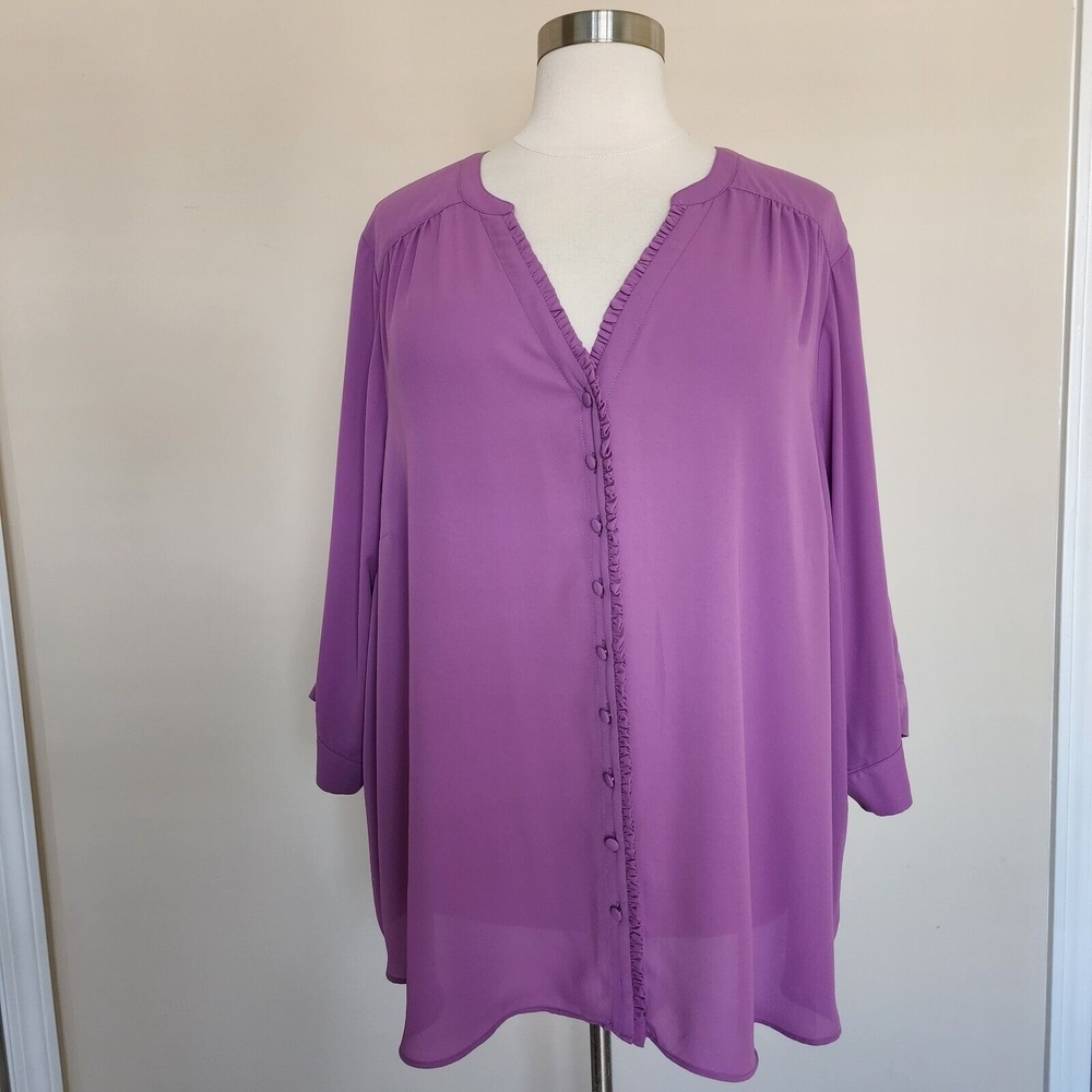 Torrid Plus Size 5 Lavender Buttons Ruffle Shirt Blouse Top Roll Tab Sleeve NWT
